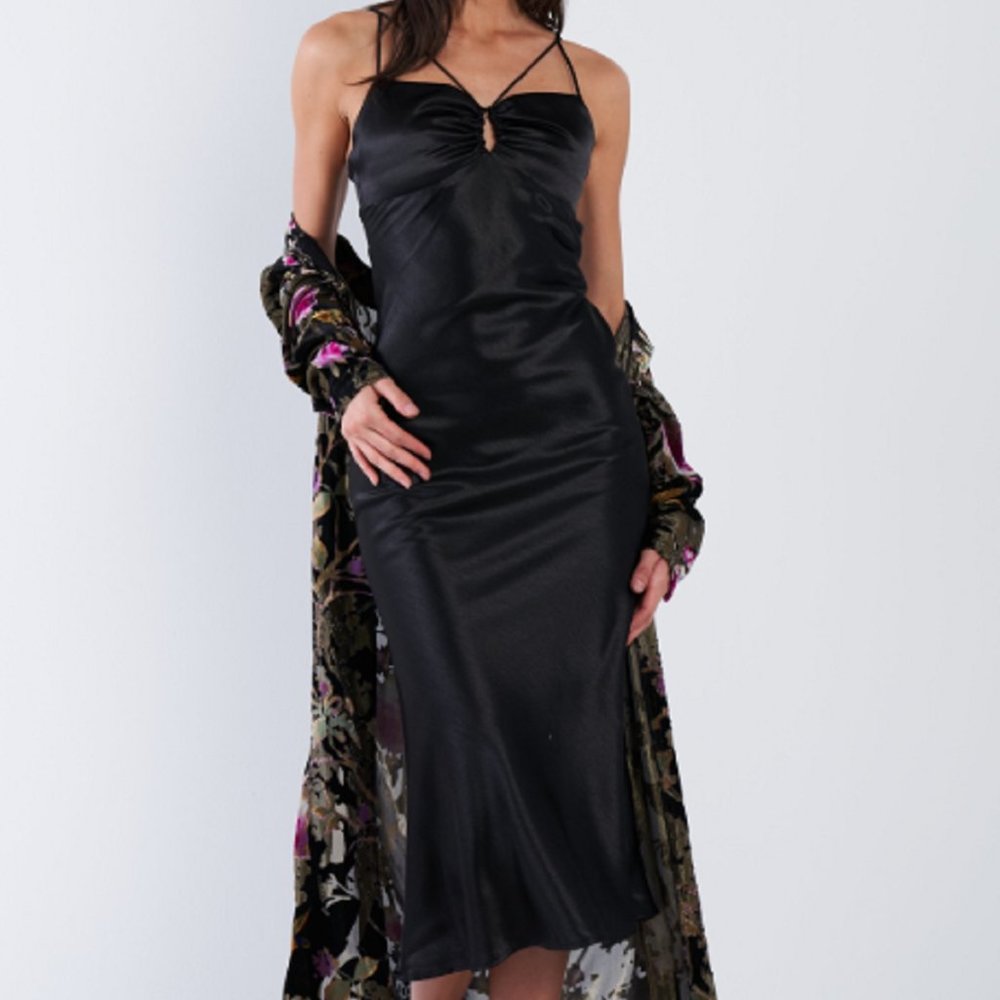 Black Satin Strappy Midi Dress S M L